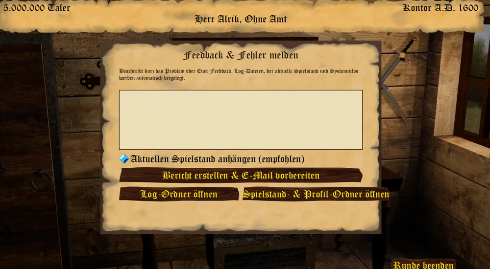 Das Pergament Feedback und Fehler melden mit dem Beschreibungsfeld, dem Schalter Aktuellen Spielstand anhängen und den Knöpfen Bericht erstellen und E-Mail vorbereiten, Log-Ordner öffnen sowie Spielstand- und Profil-Ordner öffnen