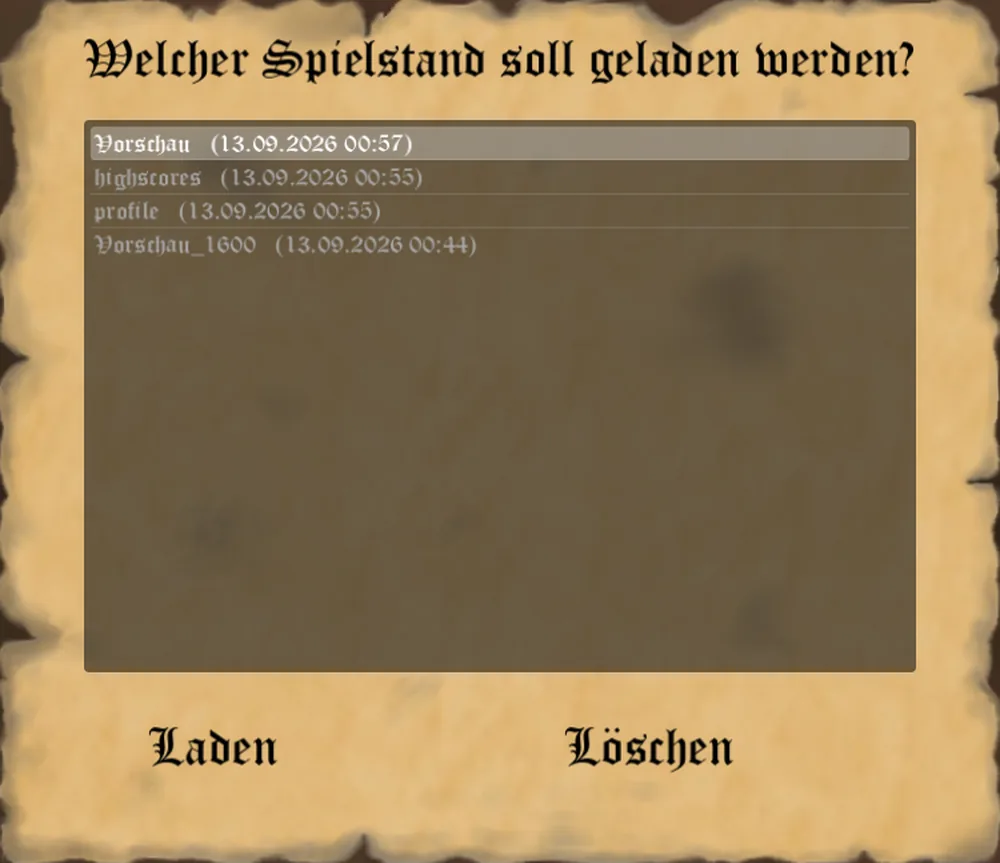 Das Pergament Welcher Spielstand soll geladen werden mit der Spielstandliste und den Knöpfen Laden und Löschen