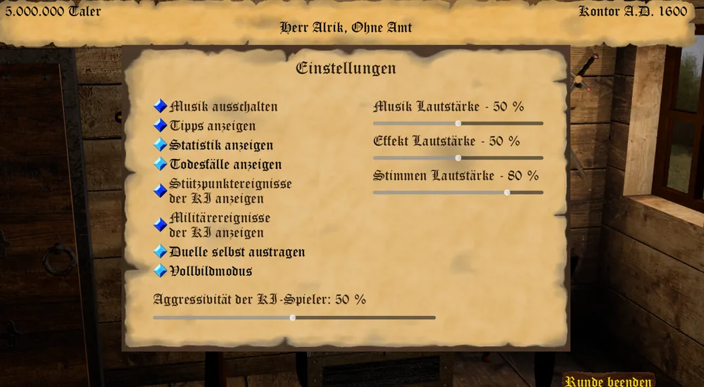 Das Pergament Einstellungen mit den Schaltern Musik ausschalten, Tipps anzeigen, Statistik anzeigen, Todesfälle anzeigen, Stützpunkt- und Militärereignisse der KI anzeigen, Duelle selbst austragen und Vollbildmodus, drei Lautstärkereglern und dem Regler für die Aggressivität der KI-Spieler