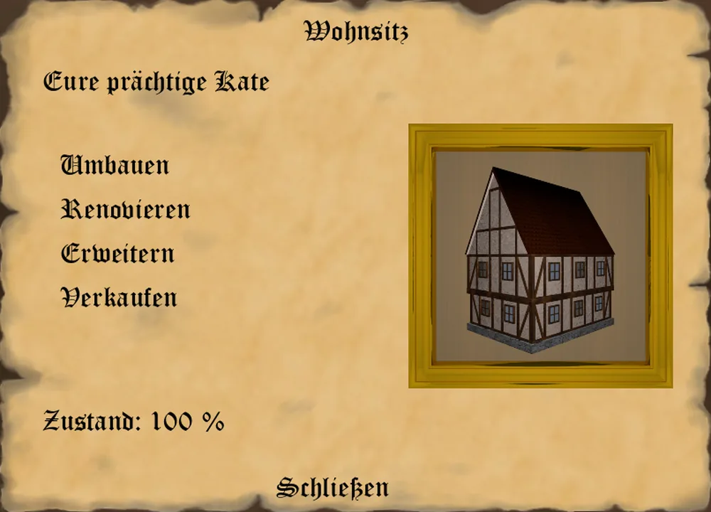 Das Pergament Wohnsitz mit dem Bild des Hauses und den Optionen Umbauen, Renovieren, Erweitern und Verkaufen sowie dem Zustand in Prozent