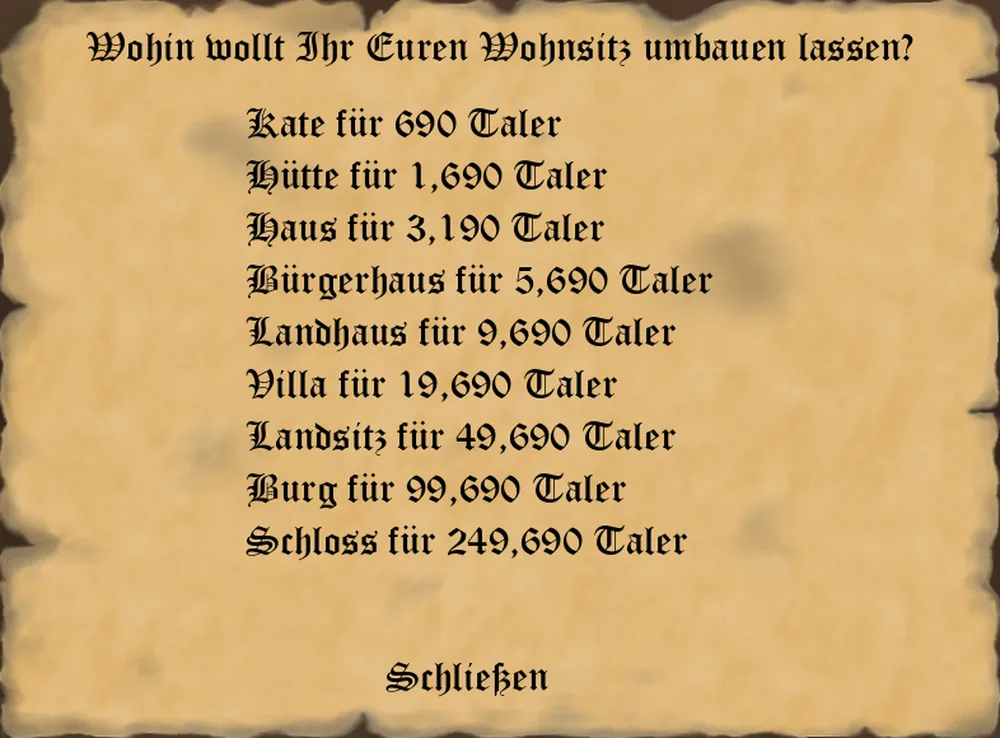 Das Pergament Wohnsitz umbauen mit der Liste der Wohnsitze von der Kate bis zum Schloss samt ihrer Preise