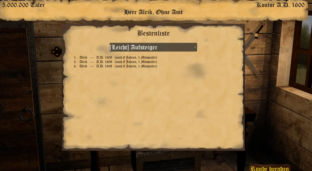 Das Pergament Bestenliste mit dem Auswahlfeld für den Auftrag und der nach Spieljahren sortierten Liste der Bestzeiten