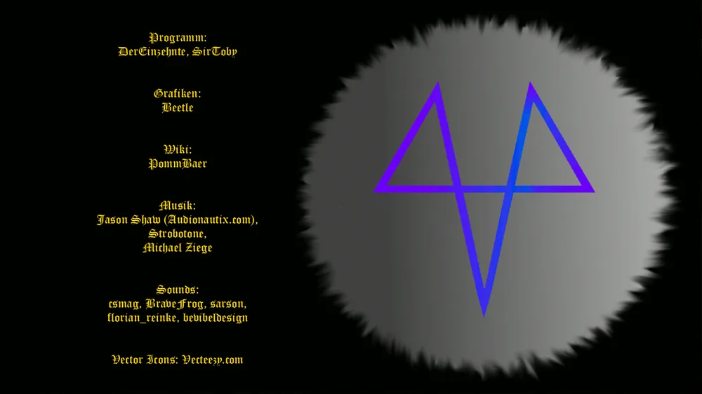 Der Abspann mit den Mitwirkenden zu Programm, Grafiken, Wiki, Musik, Sounds und Vektor-Icons vor einem leuchtenden Pentagramm