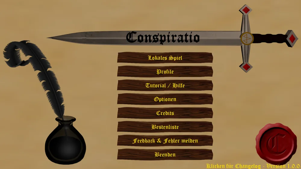 Das Hauptmenue mit dem Titel Conspiratio auf einem Schwert und den Knoepfen Lokales Spiel, Profile, Tutorial / Hilfe, Optionen, Credits, Bestenliste, Feedback & Fehler melden und Beenden