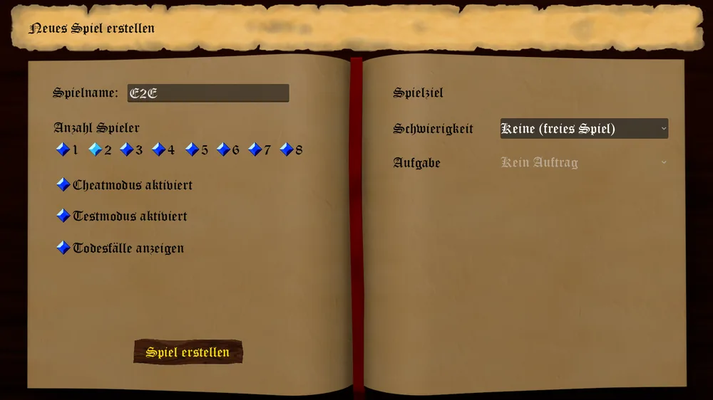 Das aufgeschlagene Buch Neues Spiel erstellen mit Spielname, Anzahl Spieler, Cheatmodus, Testmodus und Todesfaelle anzeigen links sowie Spielziel, Schwierigkeit und Aufgabe rechts