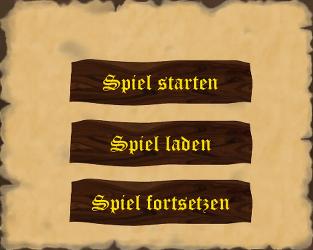 Das Pergament mit den drei Optionen Spiel starten, Spiel laden und Spiel fortsetzen