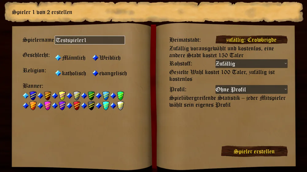 Das aufgeschlagene Buch zur Spielererstellung mit Spielername, Geschlecht, Religion und der Bannerauswahl links sowie Heimatstadt, Rohstoff und Profil rechts