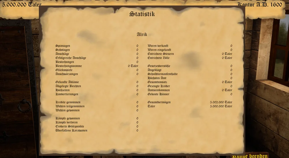Das Pergament Statistik mit den Kennzahlen eines Spielers in zwei Spalten von Spionagen bis Taler