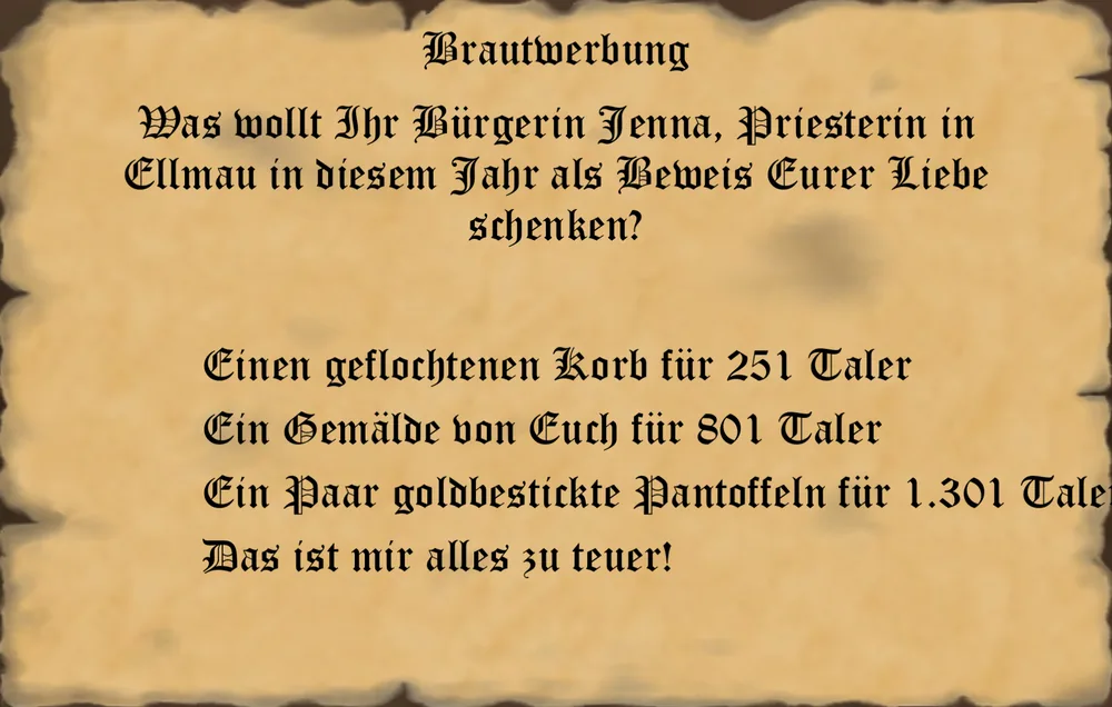Das Pergament Brautwerbung mit der Auswahl des Geschenks fuer die Umworbene: geflochtener Korb, Gemaelde oder goldbestickte Pantoffeln