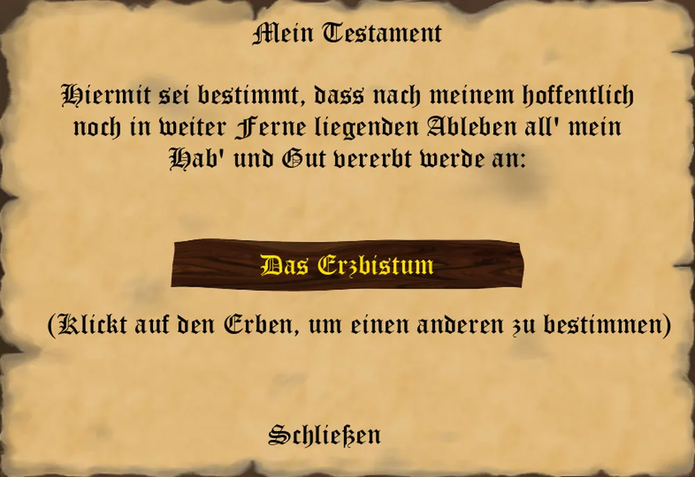 Das Pergament Mein Testament mit dem Hinweis, dass all Hab und Gut ans Erzbistum vererbt wird, und dem Hinweis, per Klick auf den Erben einen anderen zu bestimmen