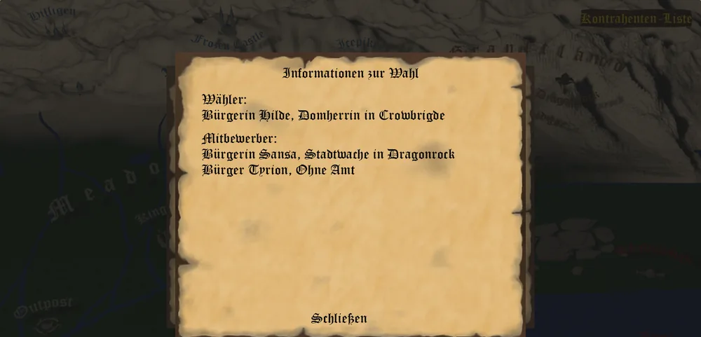 Das Pergament Informationen zur Wahl mit dem waehlenden Amtsinhaber und der Liste der Mitbewerber
