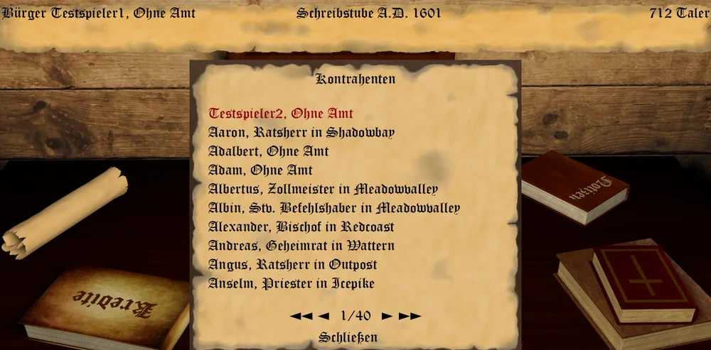Das Pergament Kontrahenten mit der alphabetischen Liste aller Mitspieler und Nichtspielercharaktere samt Amt und Blätterleiste