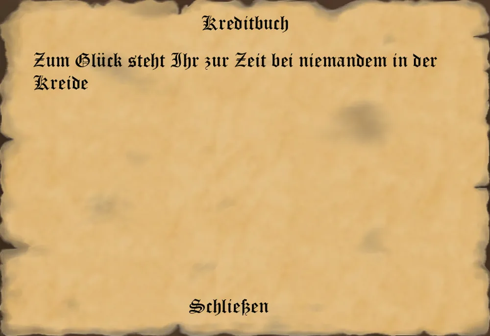 Das Pergament Kreditbuch mit dem Hinweis, dass derzeit keine Kredite offen sind
