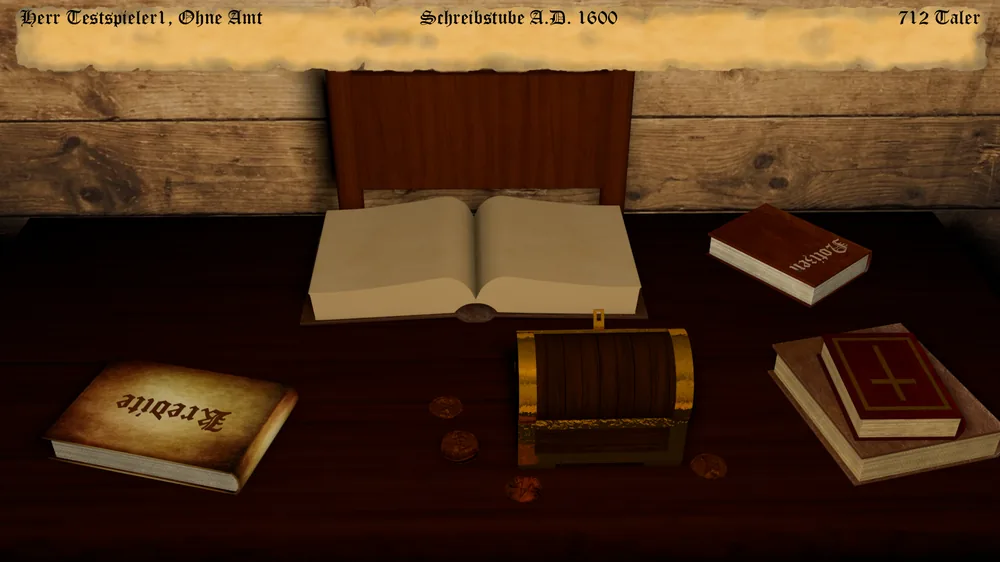 Der Schreibtisch der Schreibstube mit dem Kreditbuch links, einer Geldtruhe in der Mitte, einem aufgeschlagenen leeren Buch und dem Gesetzbuch sowie einem Buch mit Kreuz rechts