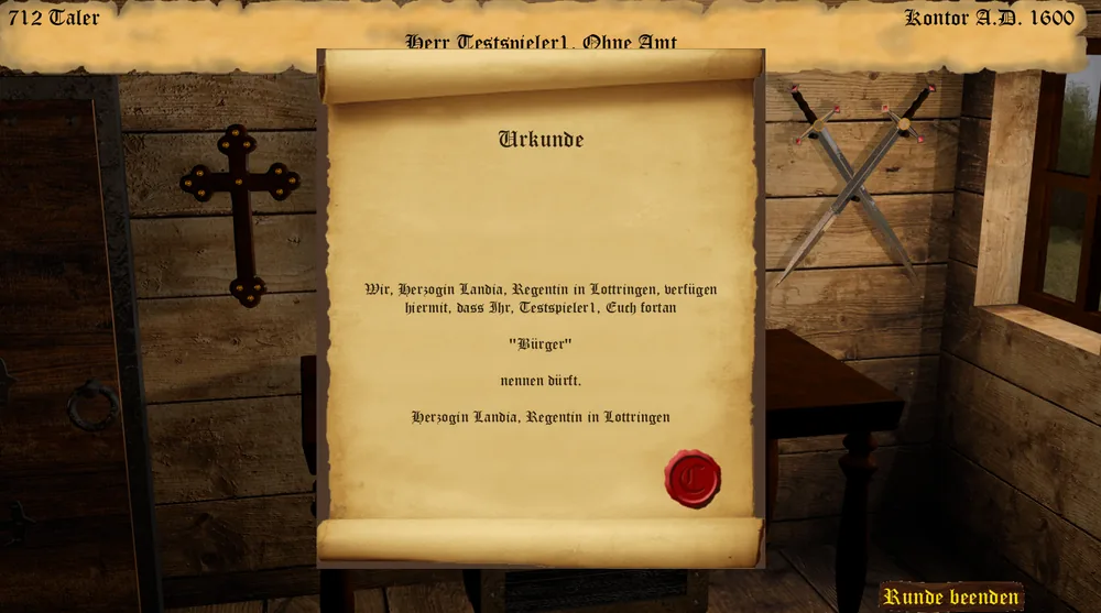 Die Urkunde, mit der die Regentin dem Spieler den Titel Buerger verleiht