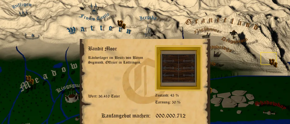 Das Pergament mit den Informationen zum Raeuberlager Bandit Moor: Besitzer, Wert, Zustand, Tarnung und dem Feld fuer das Kaufangebot
